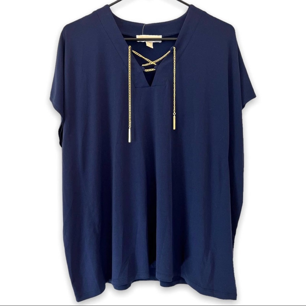 NWT Michael Kors | Women's Navy Blue Dolman Sleeve MK Gold Chain Lace-Up Blouse